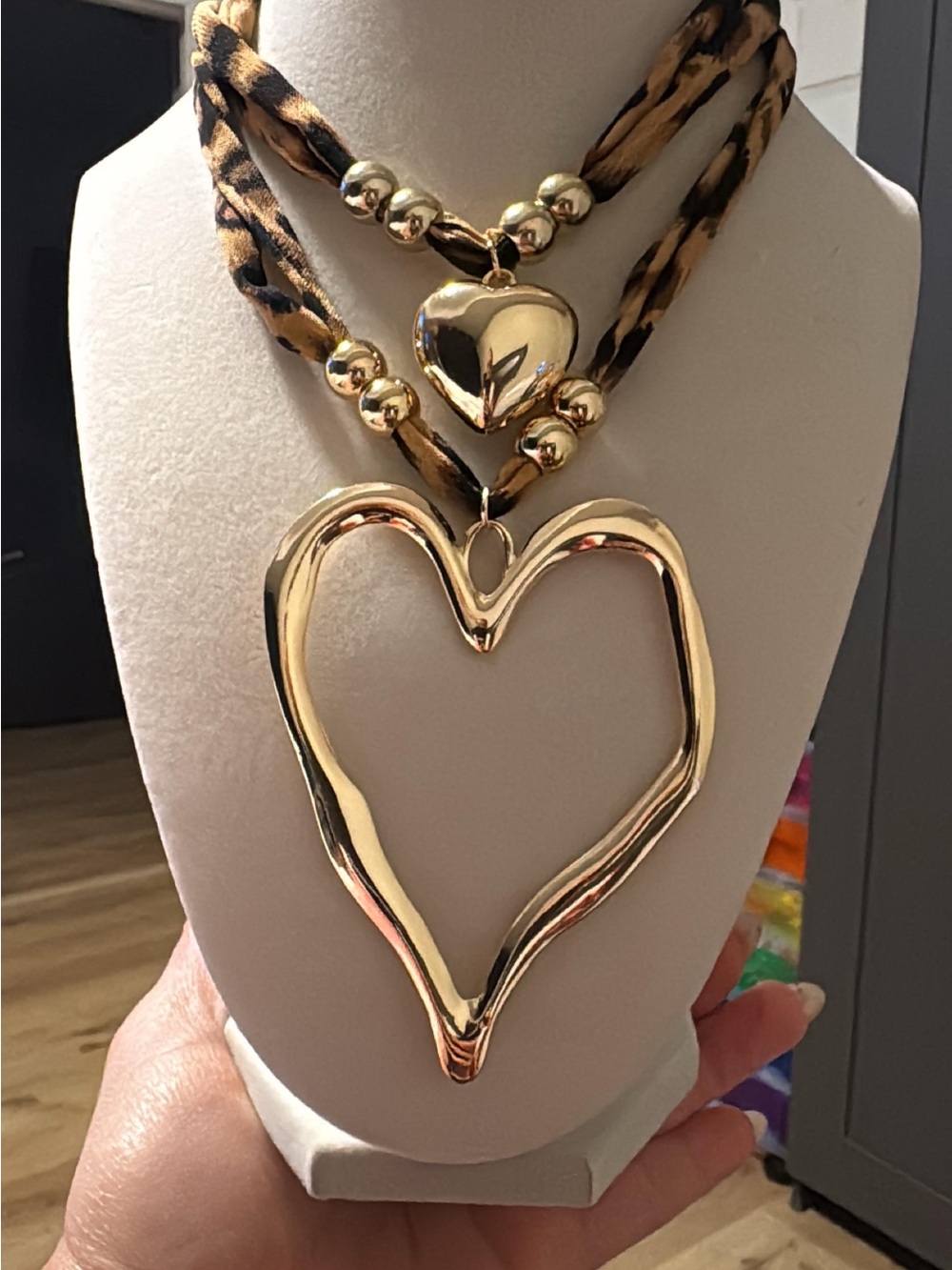 Gold Heart Pendant Necklace with Leopard Cord - Unbranded
